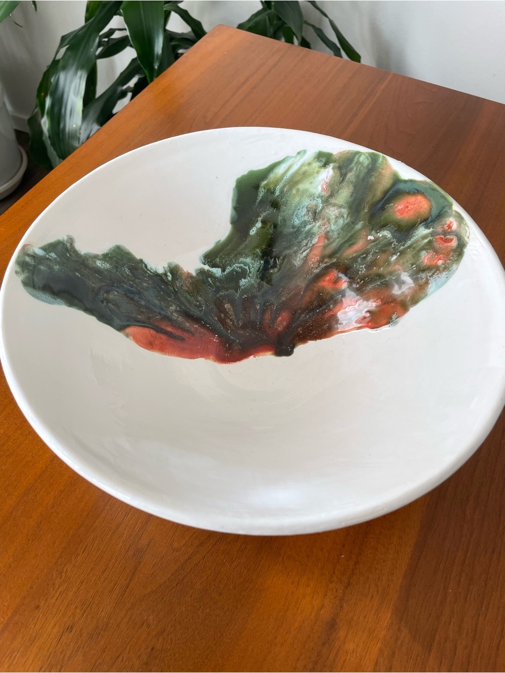 Hand-Painted Ceramic Decorative Bowl - White with Green and Coral Accents